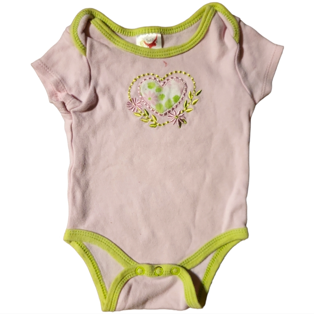 Infant Onesie Valentine's Day Heart Flowers Embroidery Pink Green Trim